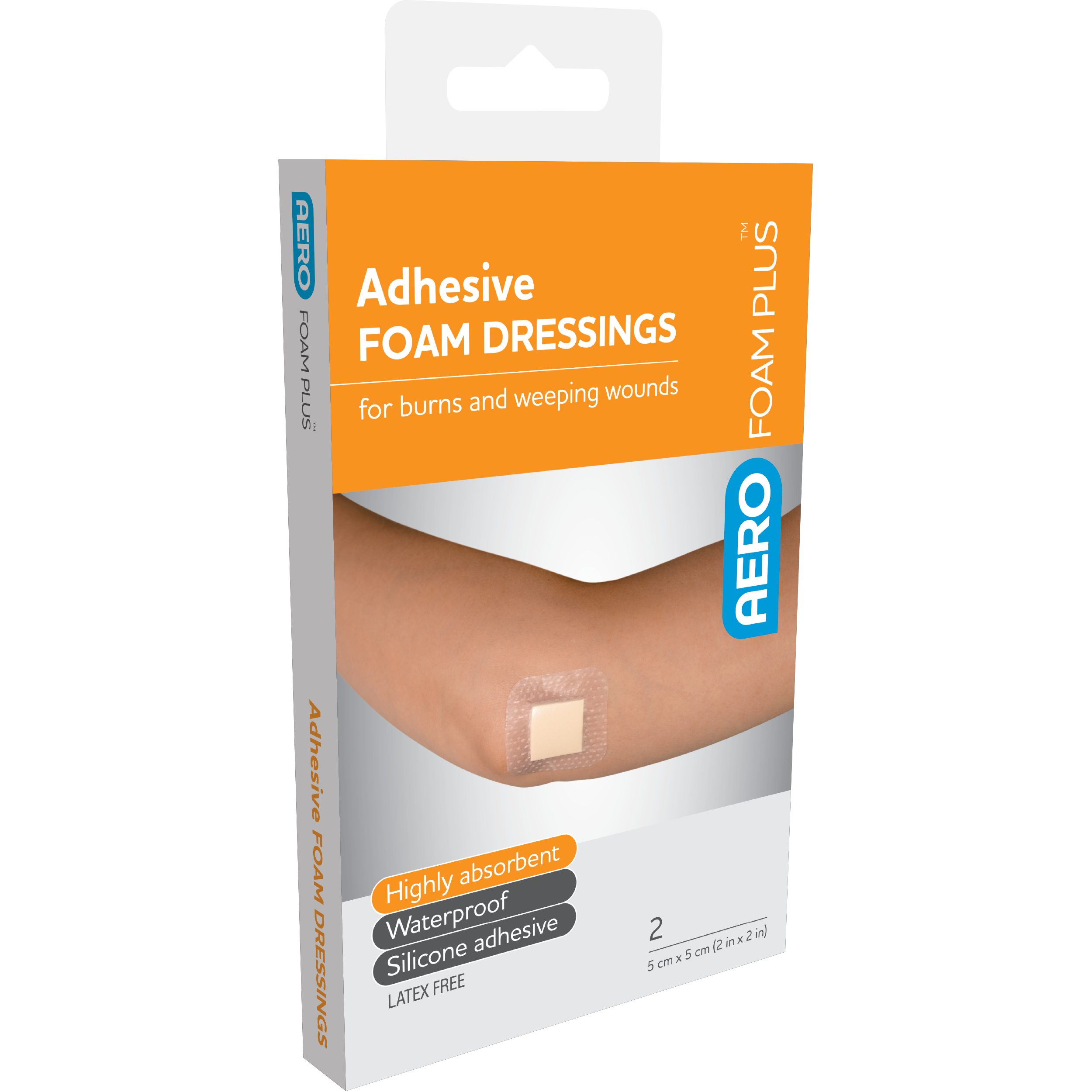 AeroFoam Plus Adhesive Foam Dressings 5 x 5cm box of 2 absorbent foam pad with silicone adhesive border for minor wound management