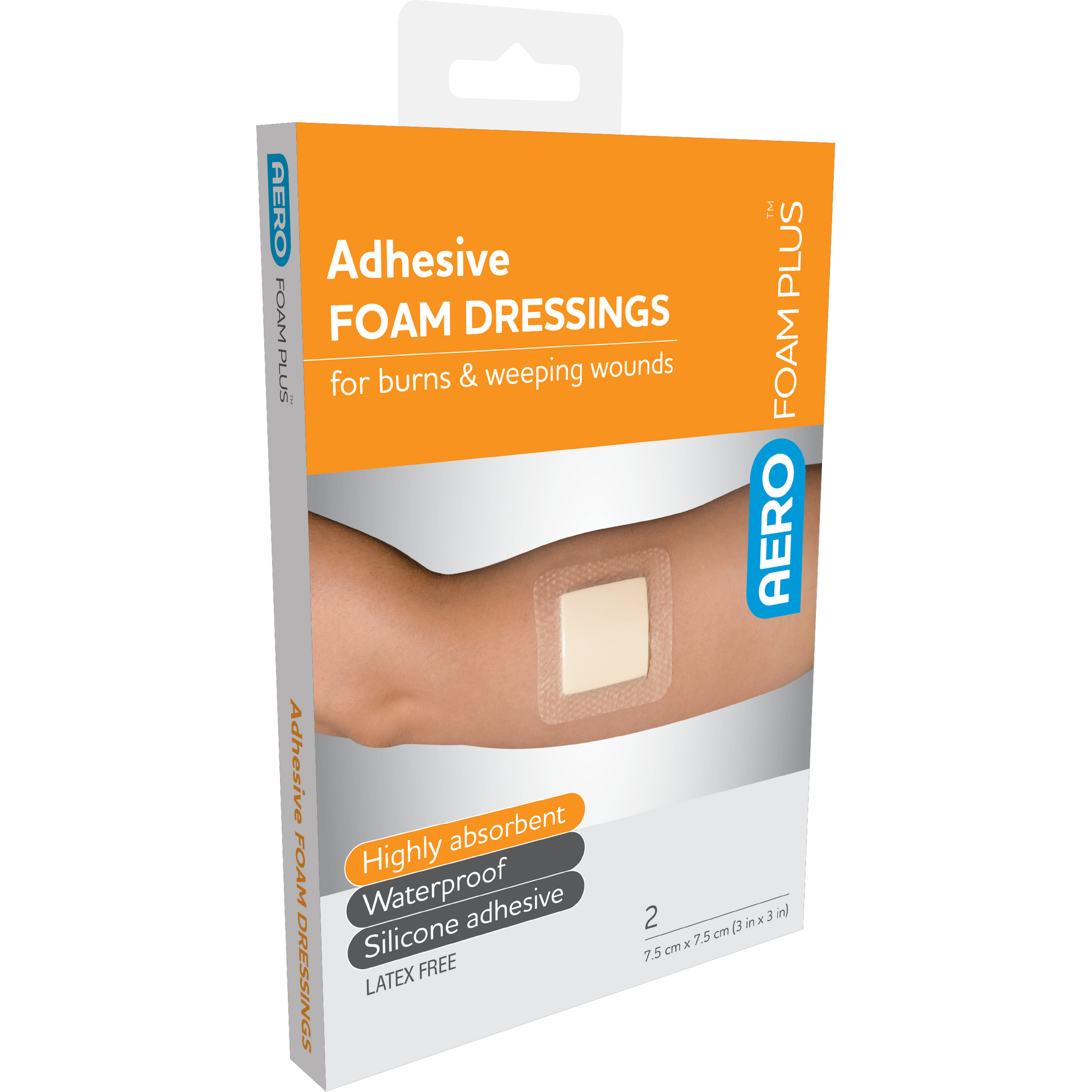 AeroFoam Plus Adhesive Foam Dressings 7.5 x 7.5cm box of 2 absorbent foam with silicone border for moderate wound management