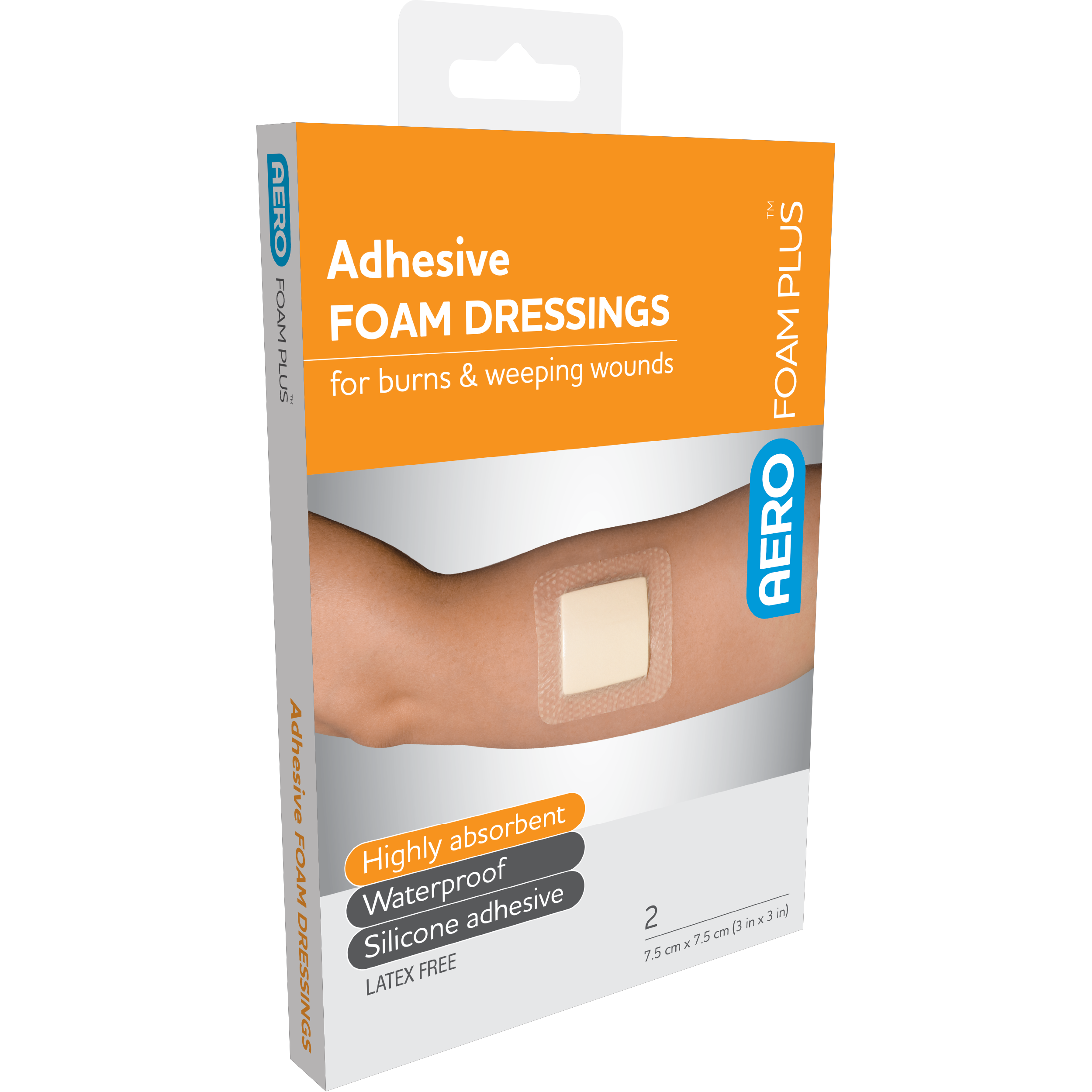 AeroFoam Plus Adhesive Foam Dressings 7.5 x 7.5cm box of 2 absorbent foam with silicone border for moderate wound management