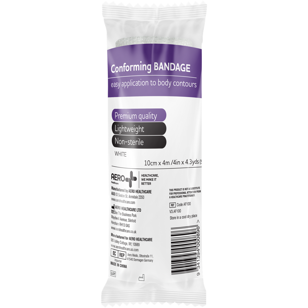 AeroForm Conforming Bandage 10cm x 4m wrap of 12 lightweight elastic gauze bandage for dressing retention and gentle compression
