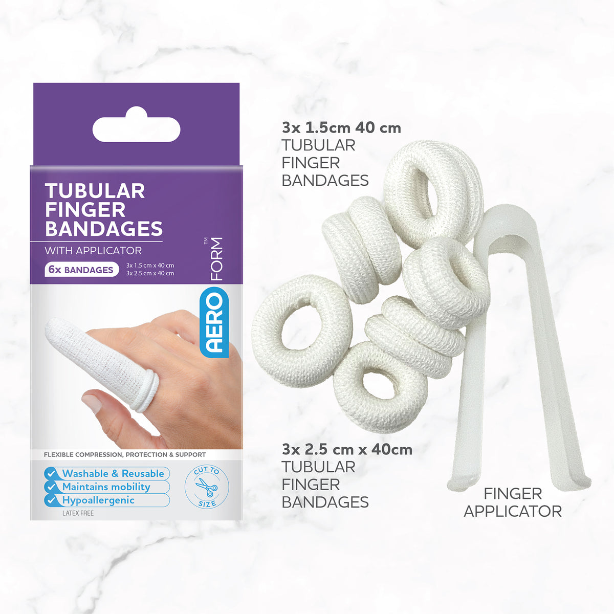 AeroForm Tubular Finger Bandages pack displayed beside six white tubular bandages and the supplied finger applicator, clearly showing the two included bandage sizes.