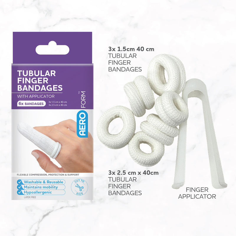 AeroForm Tubular Finger Bandages pack displayed beside six white tubular bandages and the supplied finger applicator, clearly showing the two included bandage sizes.