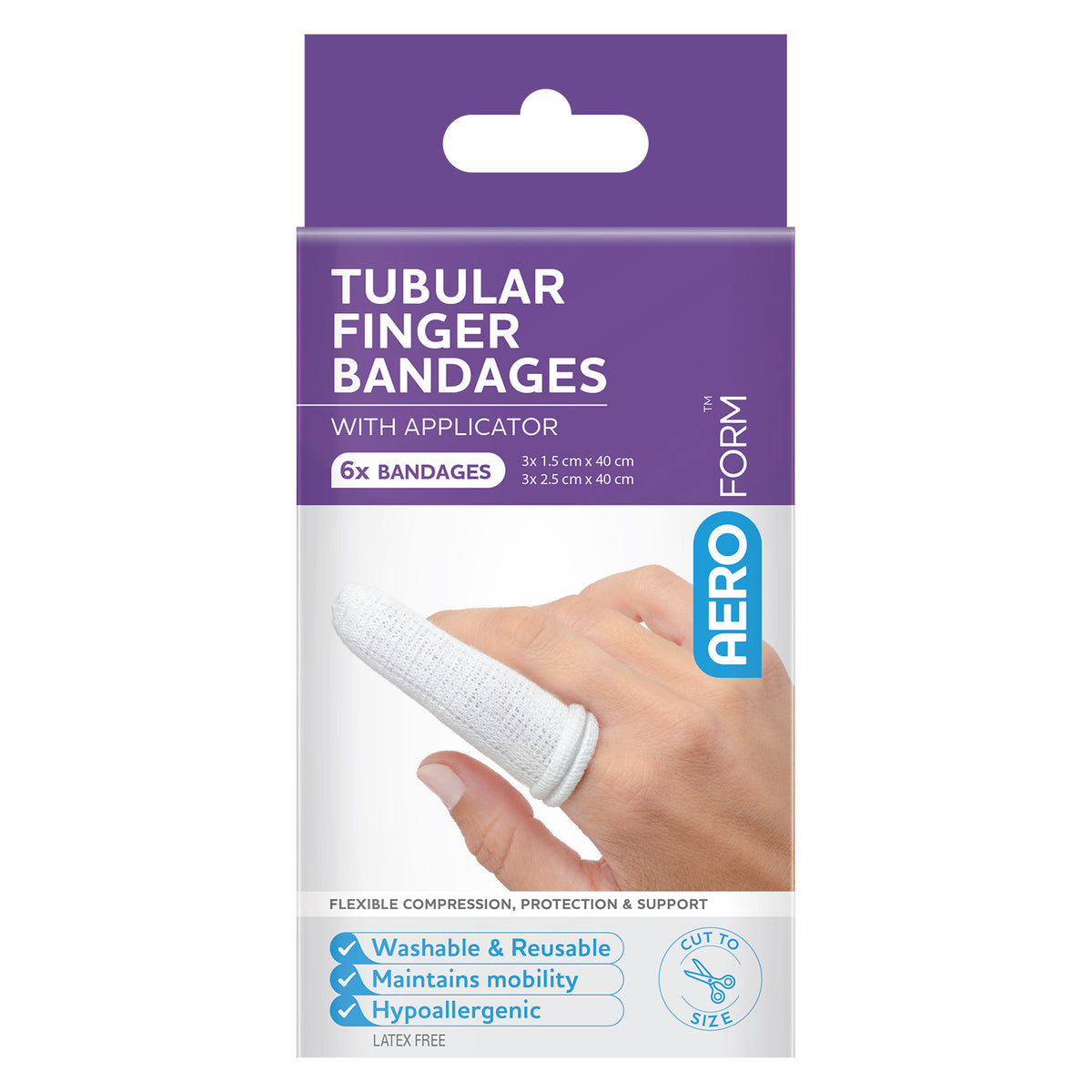 Front view of the AeroForm Tubular Finger Bandages retail box showing the six bandage pack, applicator inclusion, washable and reusable design, mobility benefits and latex free construction.