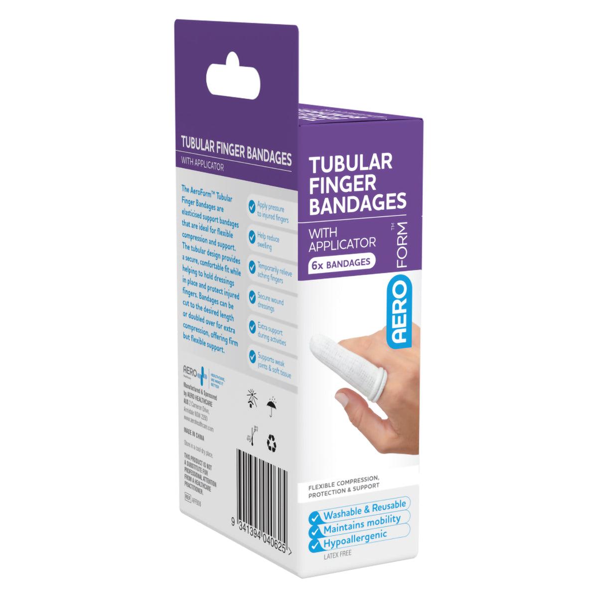 Angled view of AeroForm Tubular Finger Bandages packaging showing the front and product information panel with flexible compression, protection and support information.