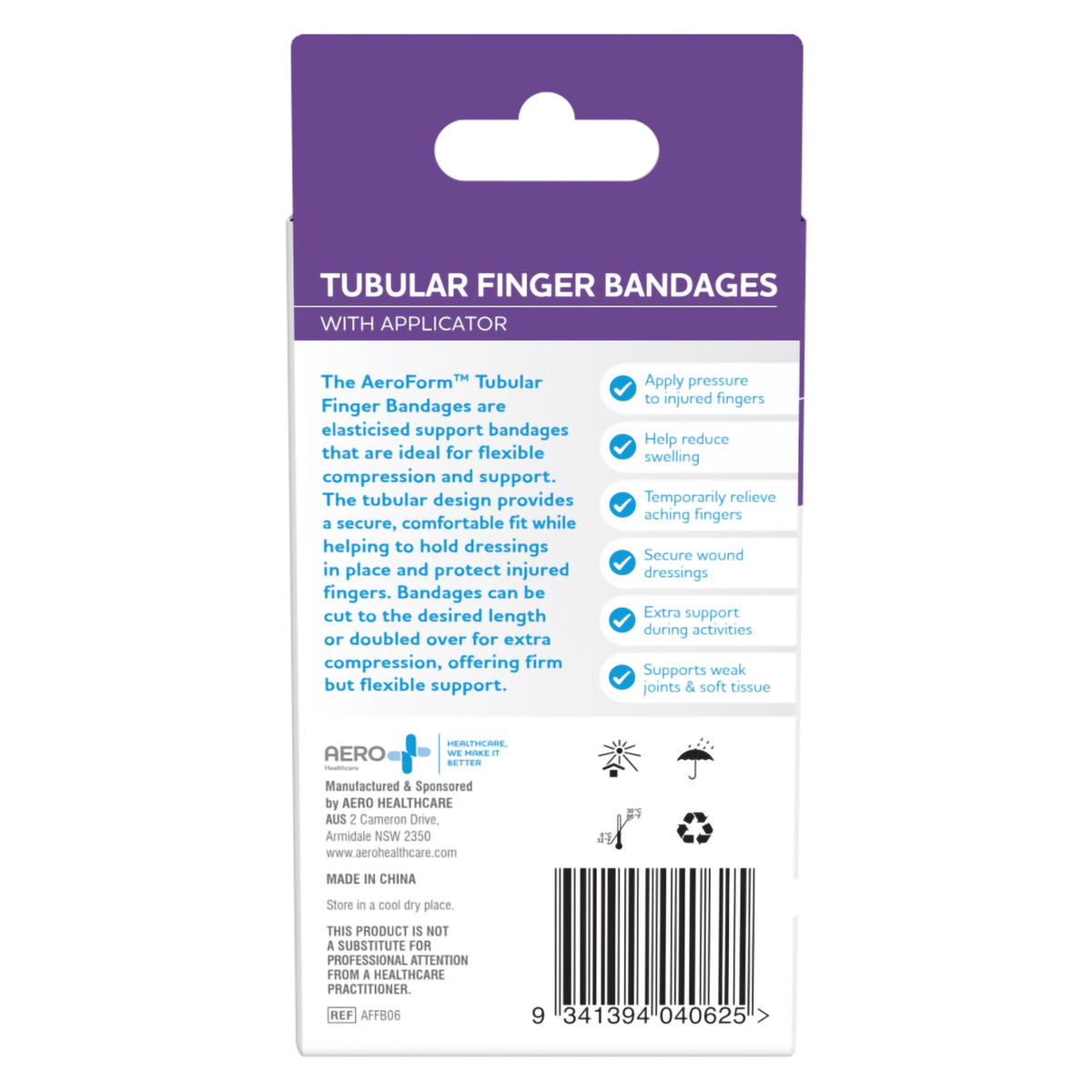 Rear view of the AeroForm Tubular Finger Bandages box presenting product benefits, usage information, storage guidance, manufacturer details and product reference AFFB06.