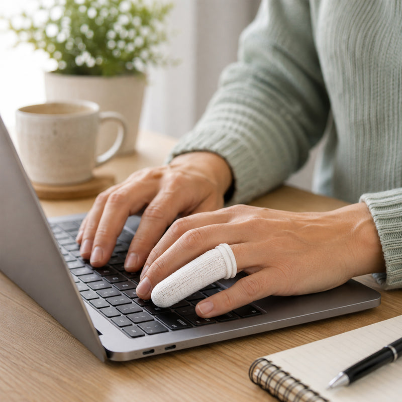 Person typing on a laptop while wearing a white AeroForm tubular finger bandage, demonstrating comfortable finger protection and mobility during office and computer work.