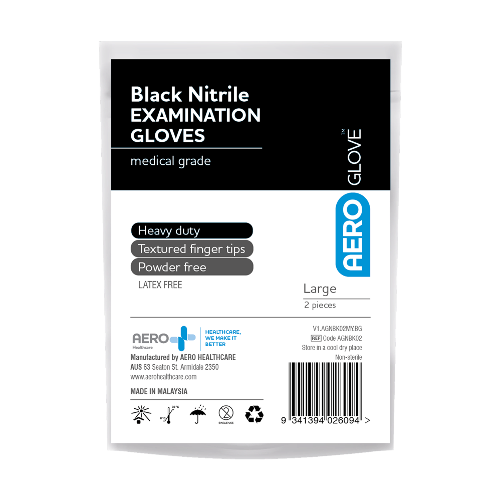 AeroGlove Large Black Nitrile Powder-Free Gloves bag of 2 durable barrier protection for first aid and clinical use