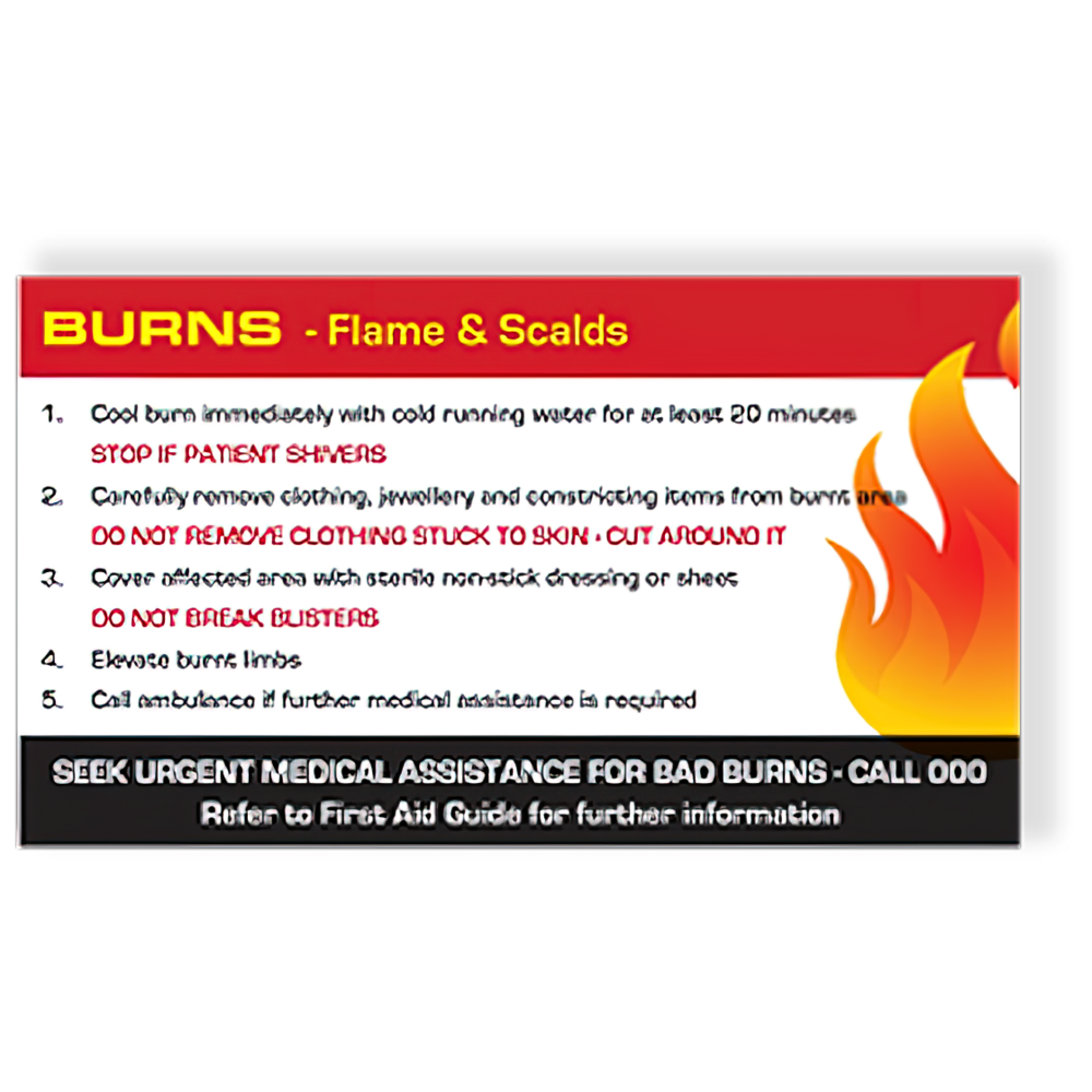 AeroGuide Burns First Aid Card quick-reference burn management guide for workplace first aid kits