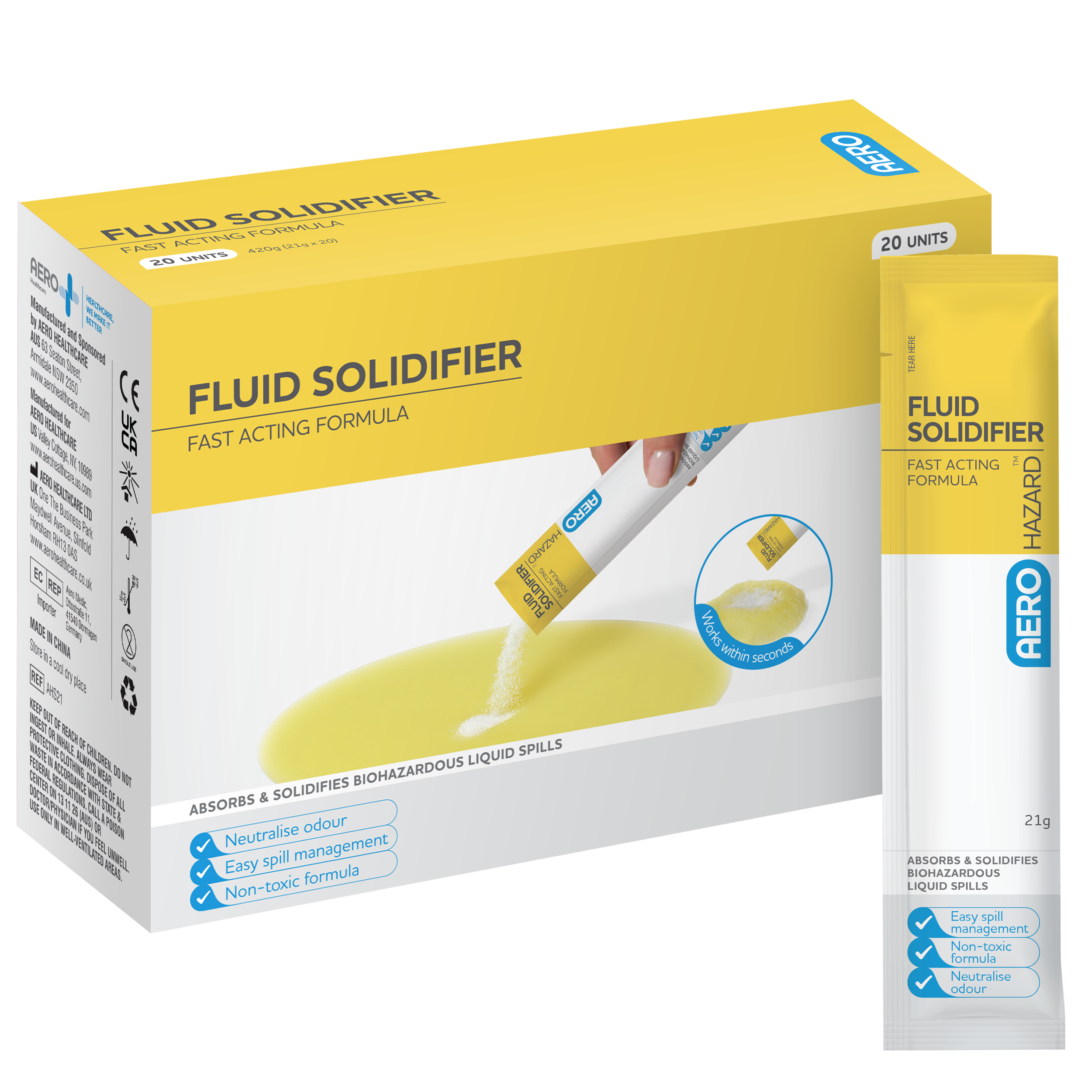 AeroHazard Fluid Solidifier Sachet 21g box of 20 biohazard spill solidification