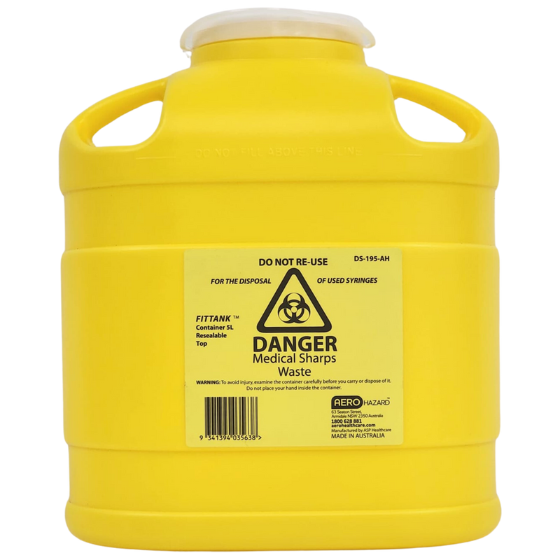 AeroHazard Sharps Disposal Container 5L puncture-resistant lockable sharps bin with biohazard marking