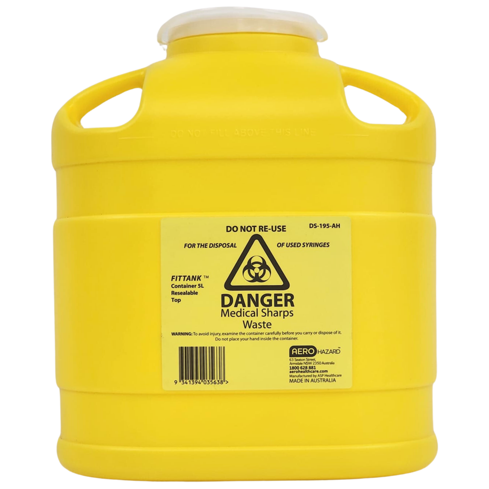 AeroHazard Sharps Disposal Container 5L puncture-resistant lockable sharps bin with biohazard marking