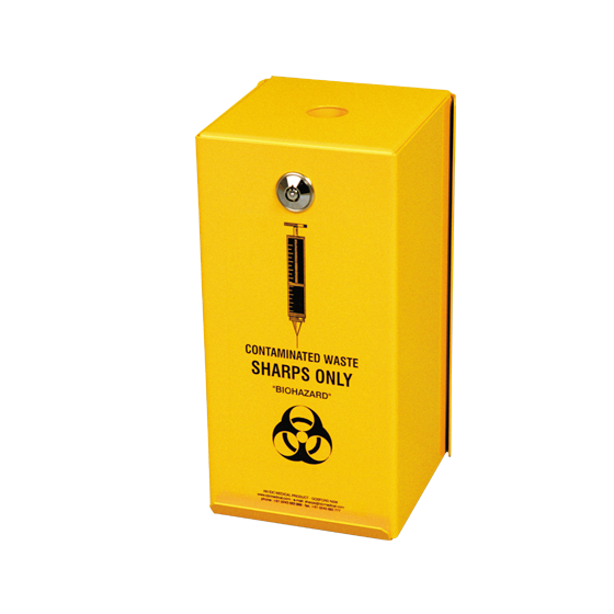 AeroHazard Steel Sharps Disposal Safe 2L lockable steel housing with two 2L sharps containers for clinical sharps storage