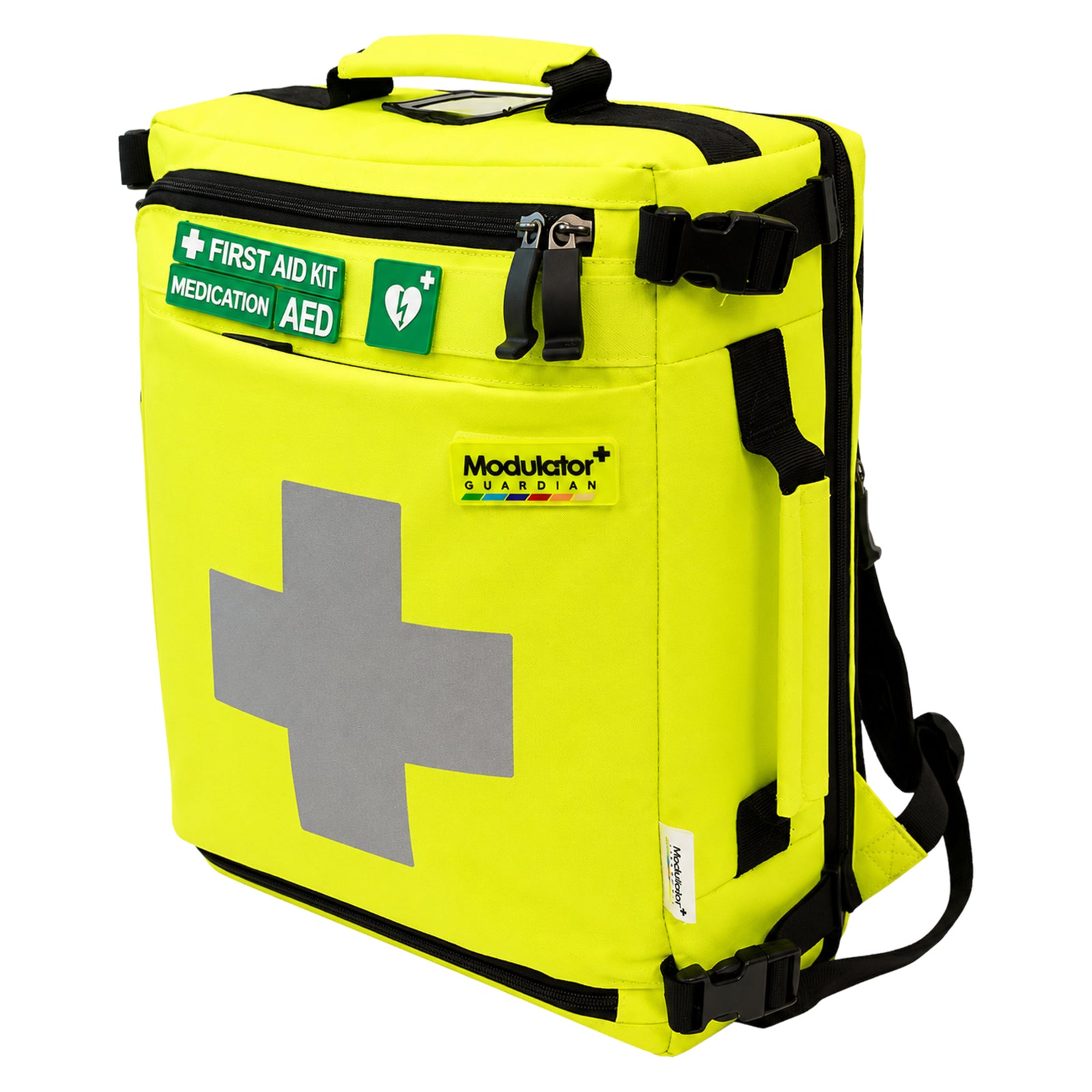 Angled product view of the high visibility Modulator Guardian backpack showing first aid, medication and AED identification, reflective medical cross, zip closures, side fastening points and structured exterior.