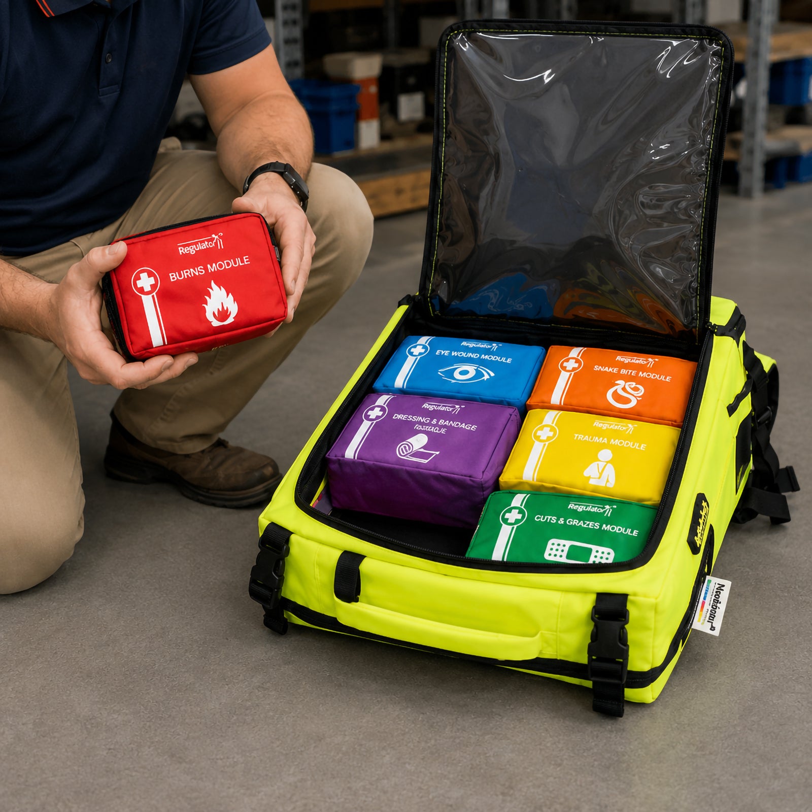 First aider accessing the AeroKit Modulator Guardian backpack in a workplace environment while holding the red Burns Module, with the remaining colour coded first aid modules clearly organised inside the open bag.