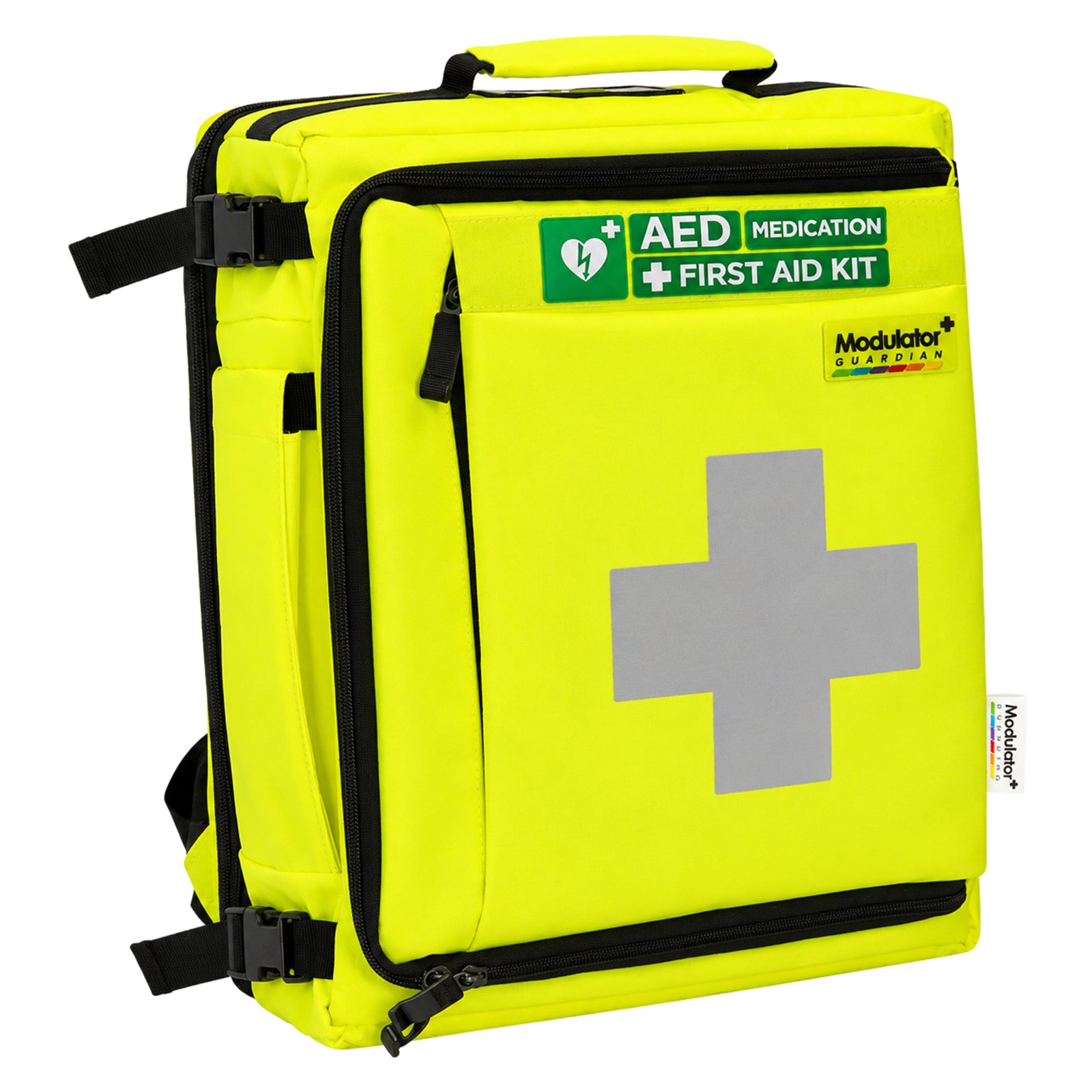Three quarter view of the AeroKit Modulator Guardian emergency backpack highlighting the structured body, prominent reflective cross, first aid identification, side profile and accessible zip compartments.