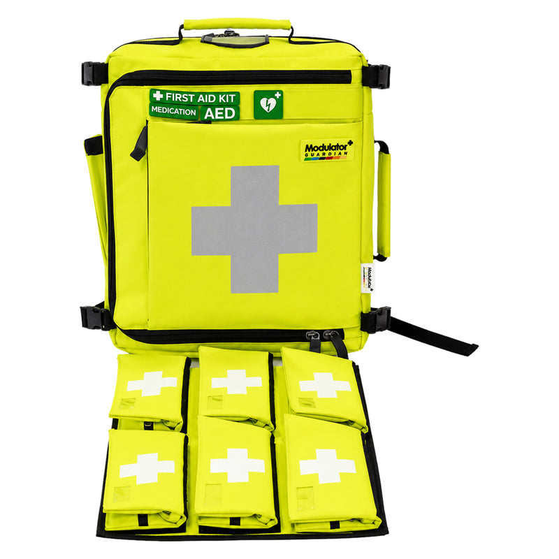 AeroKit Modulator Guardian backpack displayed with the six pouch Allergy Medication Board opened beneath it, showing the combined portable first aid and dedicated allergy medication organisation system.