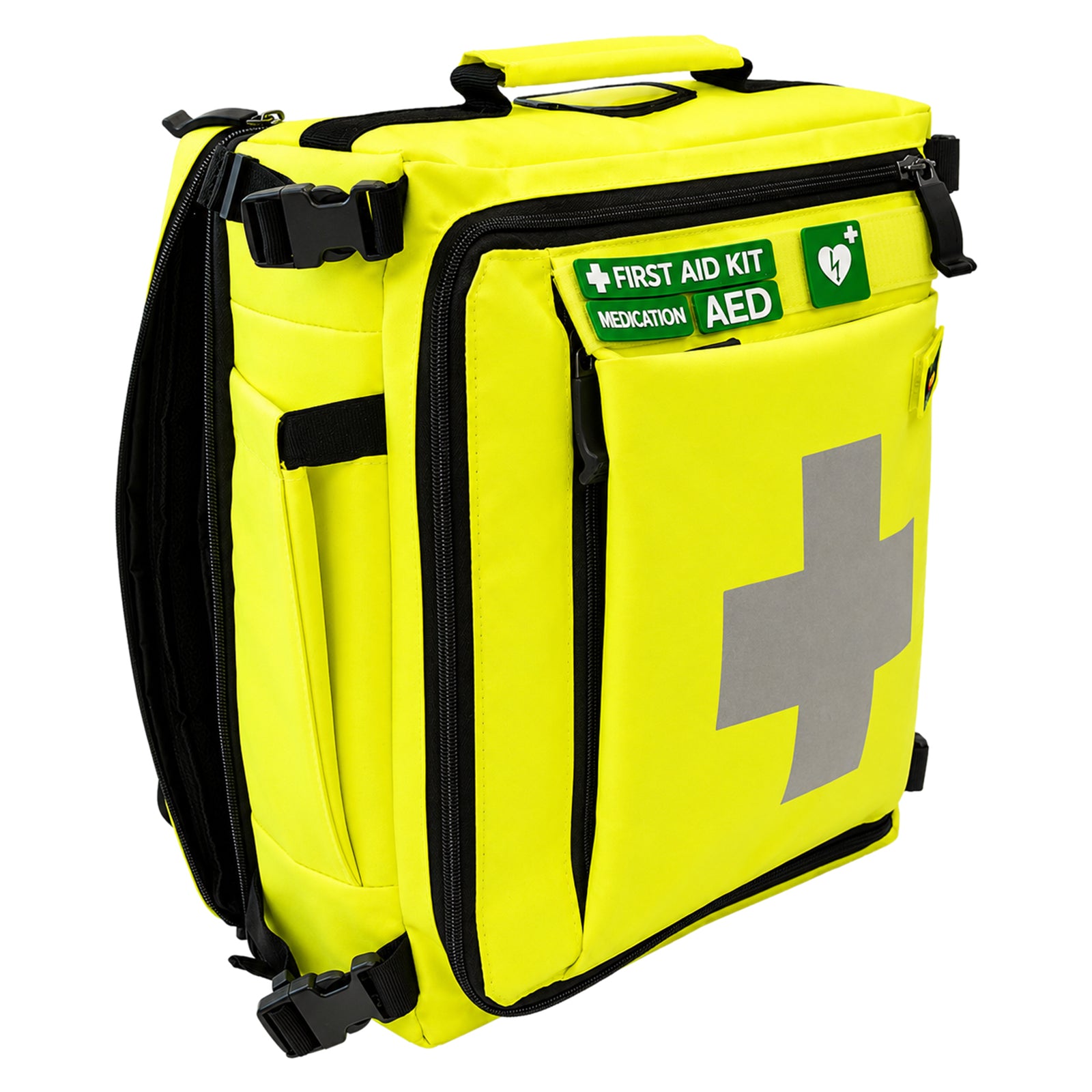 Angled front view of the AeroKit Modulator Guardian backpack showing its high visibility body, first aid and AED identification labels, large reflective cross, zip closures and side storage pocket.