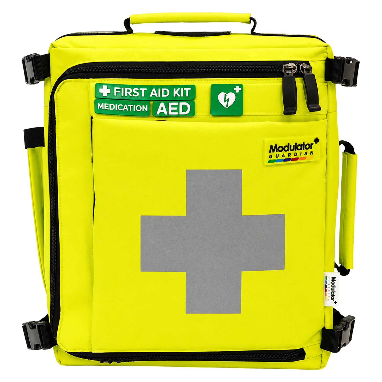 Straight front product view of the AeroKit Modulator Guardian First Aid Kit Backpack showing its bright exterior, reflective medical cross, identification labels, carry handle and surrounding secure closures.