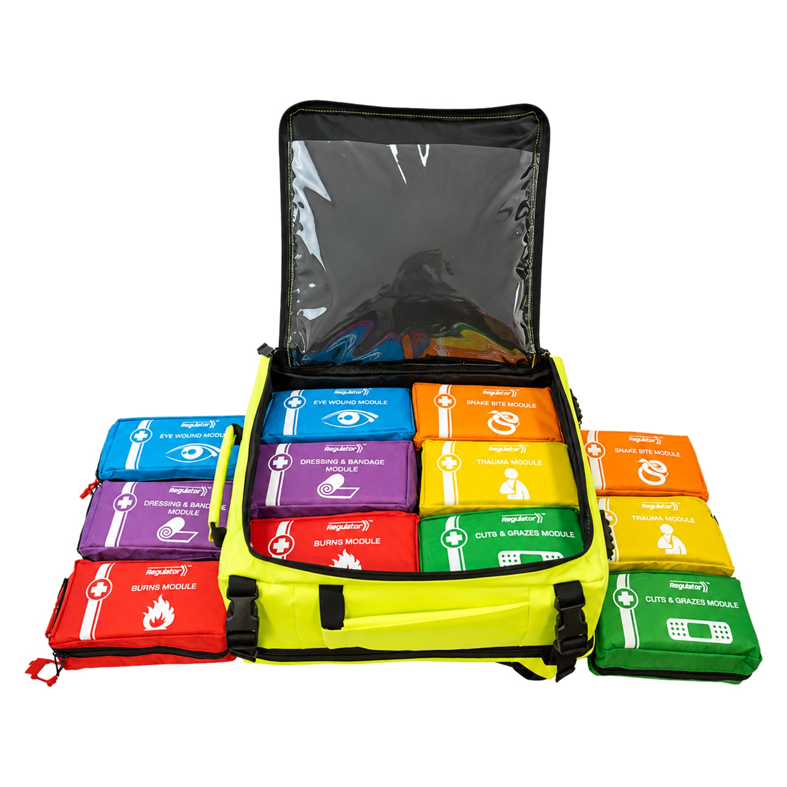Open AeroKit Modulator Guardian backpack with colour coded treatment modules displayed inside and alongside the bag, clearly demonstrating the modular organisation system and transparent internal panel.