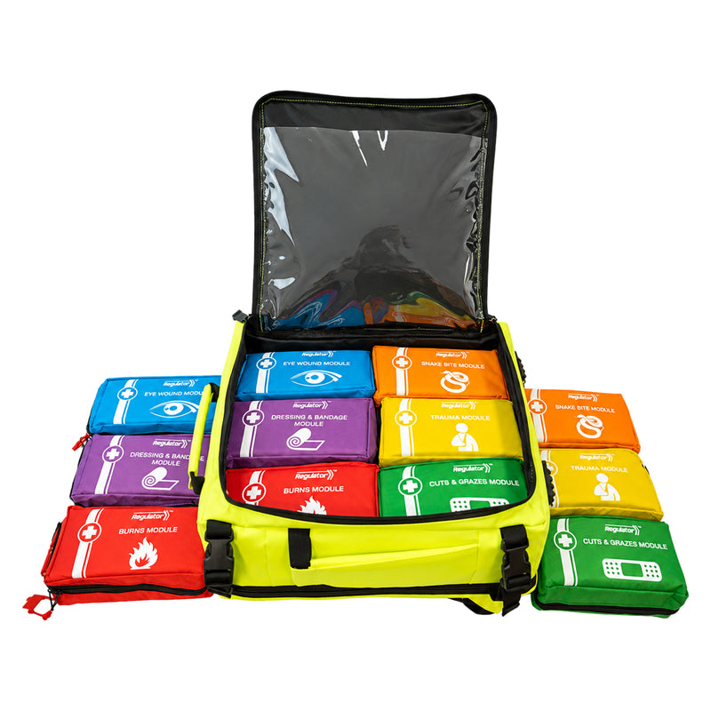 Open AeroKit Modulator Guardian backpack with colour coded treatment modules displayed inside and alongside the bag, clearly demonstrating the modular organisation system and transparent internal panel.