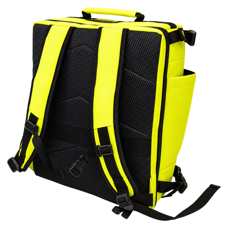 Rear view of the high visibility AeroKit Modulator Guardian backpack showing padded mesh back panels, adjustable shoulder straps, carry handle and secure fastening hardware.