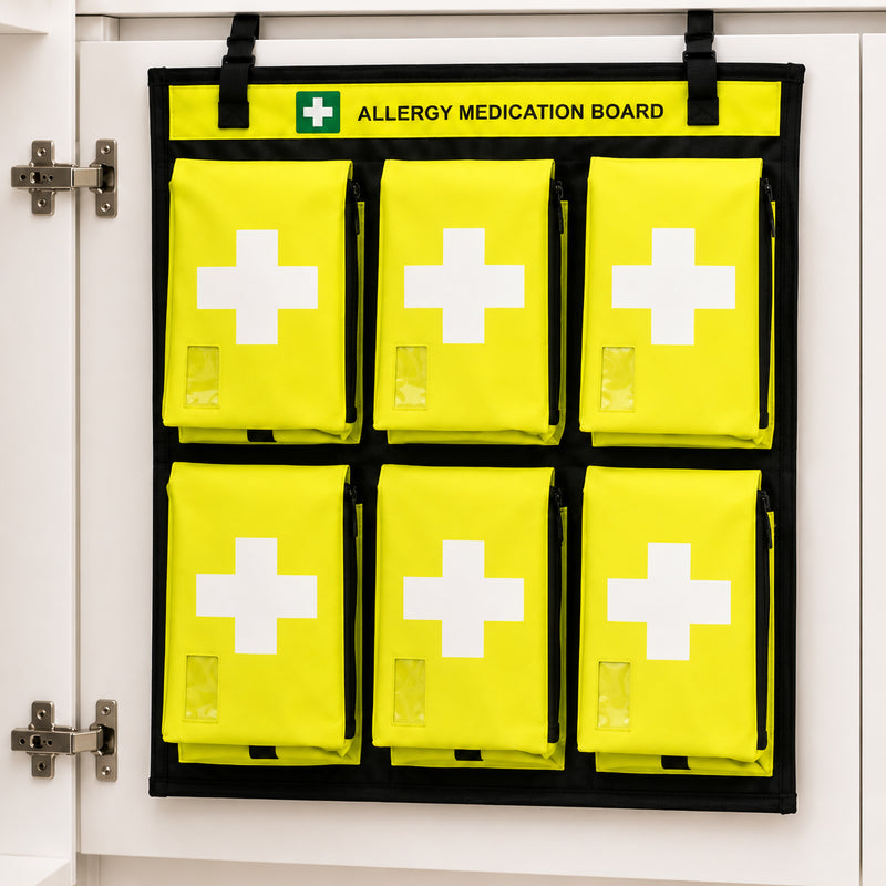 AeroKit Allergy Medication Board mounted inside a first aid cabinet, showing six high visibility individual storage pouches arranged in two rows beneath the clearly marked allergy medication heading.