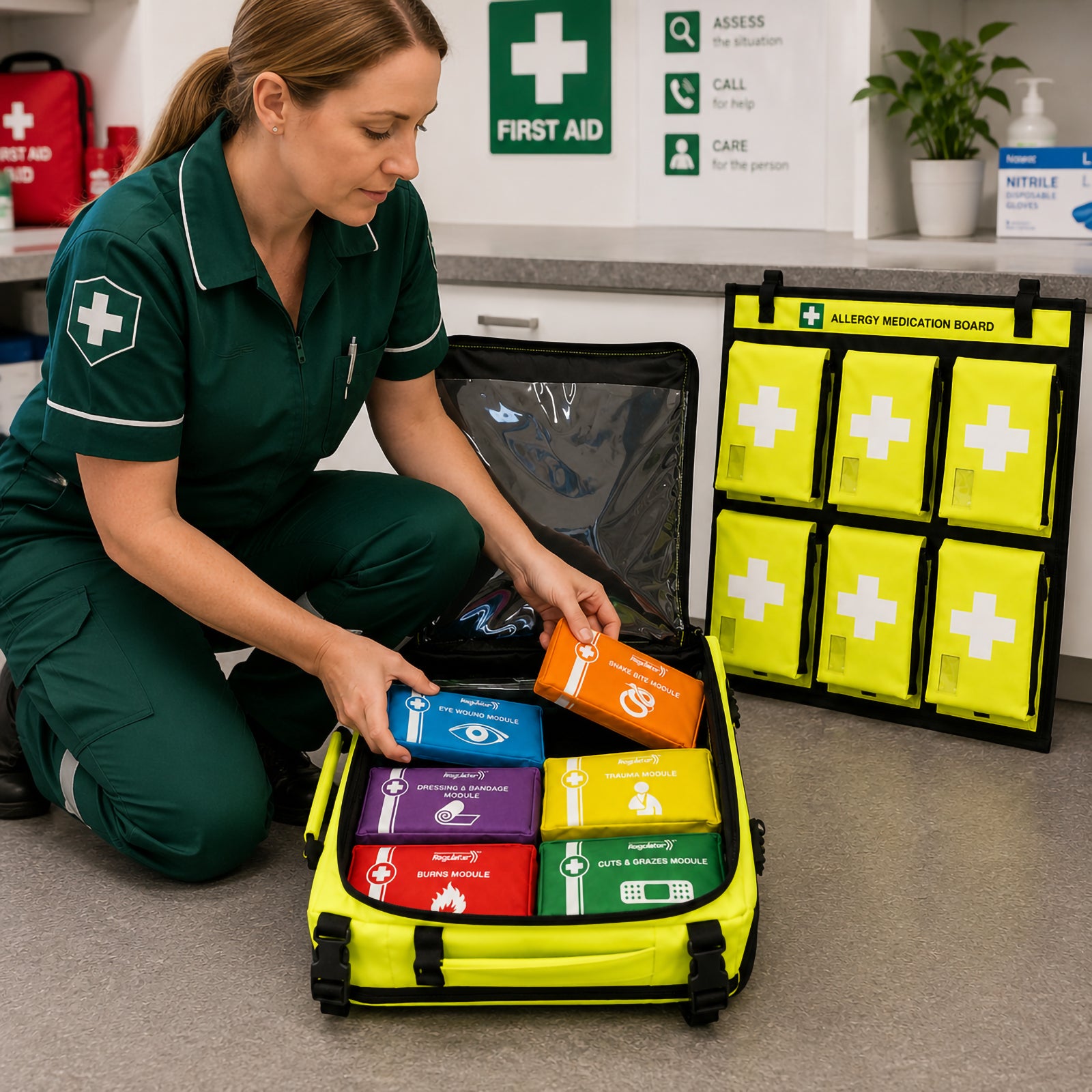 AeroKit Modulator Guardian First Aid Kit Backpack open in a first aid room while a responder accesses colour coded treatment modules, with the Allergy Medication Board positioned beside the backpack for organised emergency response.