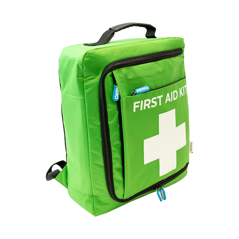 Green first aid backpack with a top carry handle, a white cross on the front pocket and printed FIRST AID KIT