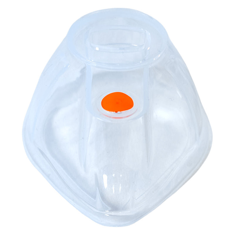 Front product view of the clear AeroLearn Adult Training Mask against a white background. The adult sized mask has a broad contoured face profile, upper connector opening and prominent orange training identifier, providing a clear product reference for respiratory care education and simulation equipment selection.
