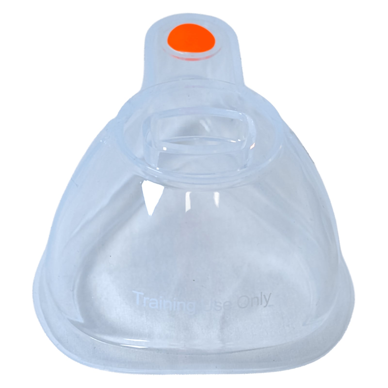 Alternate front view of the AeroLearn Adult Training Mask showing its transparent contoured body, circular connection point and orange training identifier. The Training Use Only marking is visible across the lower section, reinforcing that this adult sized mask is intended specifically for educational demonstrations and practical simulation exercises.