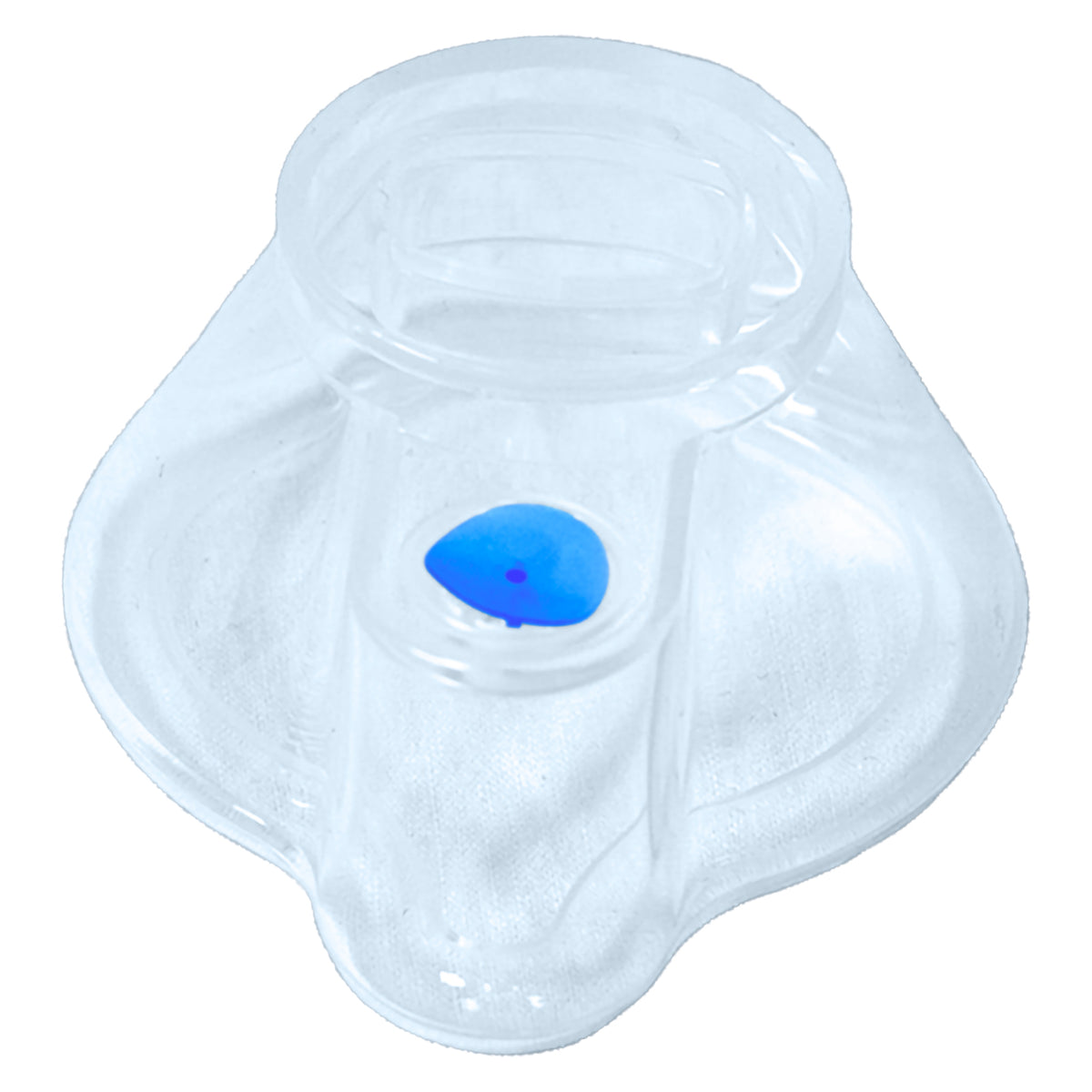 Rear product view of the AeroLearn Child Training Mask against a white background. The transparent construction reveals the internal contours and connection area, while the blue identifier provides quick visual recognition of the child sized model within the wider AeroLearn respiratory training range.