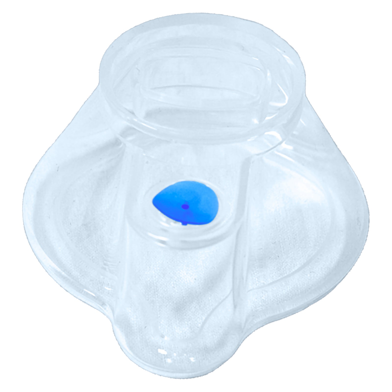 Rear product view of the AeroLearn Child Training Mask against a white background. The transparent construction reveals the internal contours and connection area, while the blue identifier provides quick visual recognition of the child sized model within the wider AeroLearn respiratory training range.