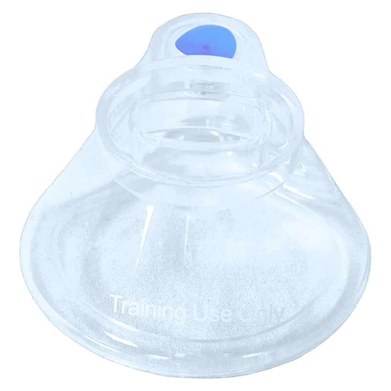 Front view of the AeroLearn Child Training Mask showing its clear contoured body, connection opening and blue identifier. The Training Use Only marking is visible across the lower mask, reinforcing that this child sized respiratory accessory is intended specifically for education and simulated practice.
