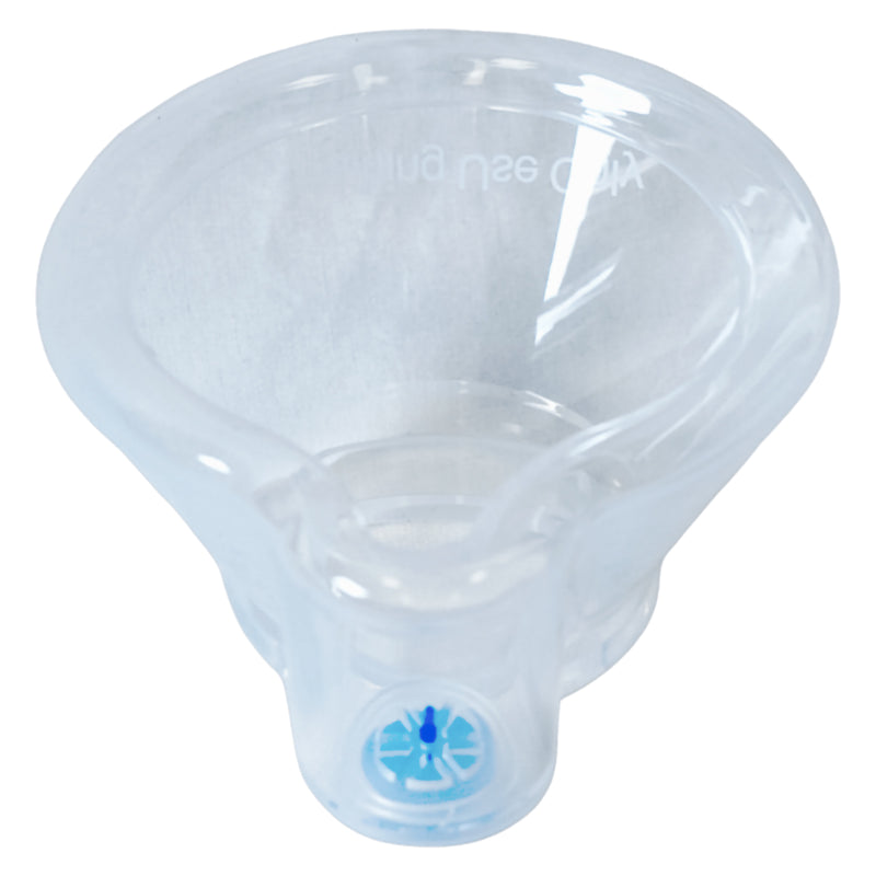 Back product view of the transparent AeroLearn Child Training Mask isolated against a white background. The child sized mask has a broad contoured facial profile, circular connection opening and blue identifying component, showing the overall shape designed for respiratory training and spacer demonstrations.