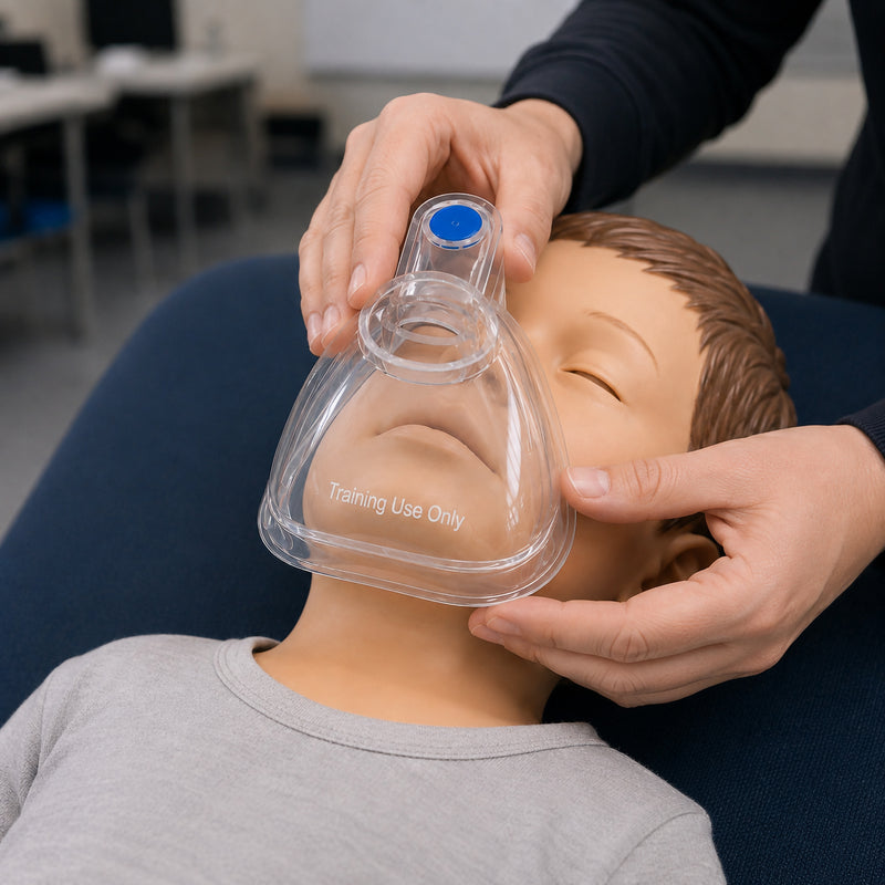 Trainer positions a transparent AeroLearn Child Training Mask over the nose and mouth of a child manikin during a practical respiratory education exercise. The blue identifier is clearly visible while both hands guide the mask into place, demonstrating controlled positioning for spacer and inhaler training.