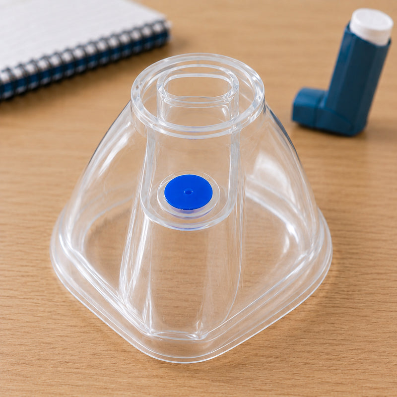 AeroLearn Child Training Mask displayed upright on a timber training desk with a placebo inhaler visible in the background. The image clearly shows the transparent contoured body, circular spacer connection area and blue identifier used to distinguish the child sized model.
