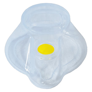 Front product view of the AeroLearn Infant Training Mask isolated against a white background. The compact transparent body has a shaped facial profile, upper connection opening and bright yellow identifier, clearly showing the infant sized construction intended for spacer mask demonstrations and respiratory training exercises.