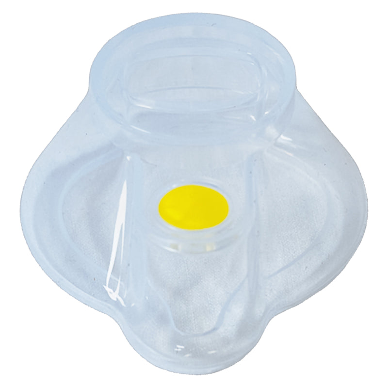 Front product view of the AeroLearn Infant Training Mask isolated against a white background. The compact transparent body has a shaped facial profile, upper connection opening and bright yellow identifier, clearly showing the infant sized construction intended for spacer mask demonstrations and respiratory training exercises.