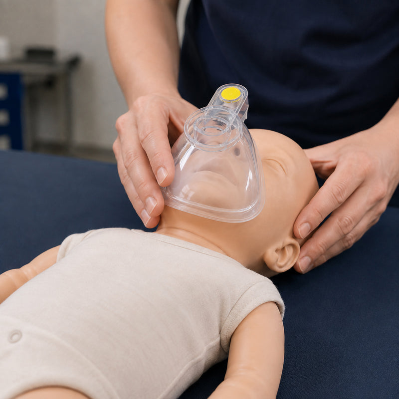 Instructor carefully positions a transparent AeroLearn Infant Training Mask over the nose and mouth of an infant manikin lying on a training surface. The clear mask and yellow identifier are visible while the instructor supports the manikin head, illustrating practical mask placement during respiratory education.