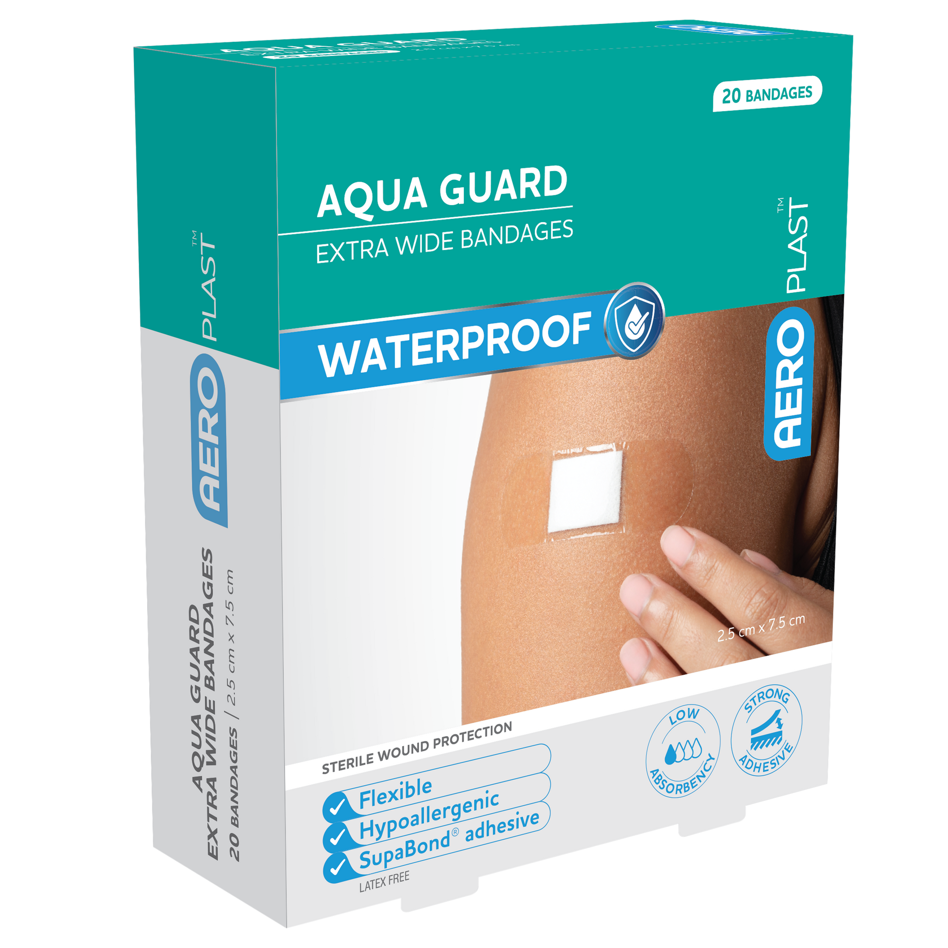 AeroPlast AquaGuard Extra-Wide Strip Waterproof 7.5 x 2.5cm pack of 20 wider waterproof wound strips