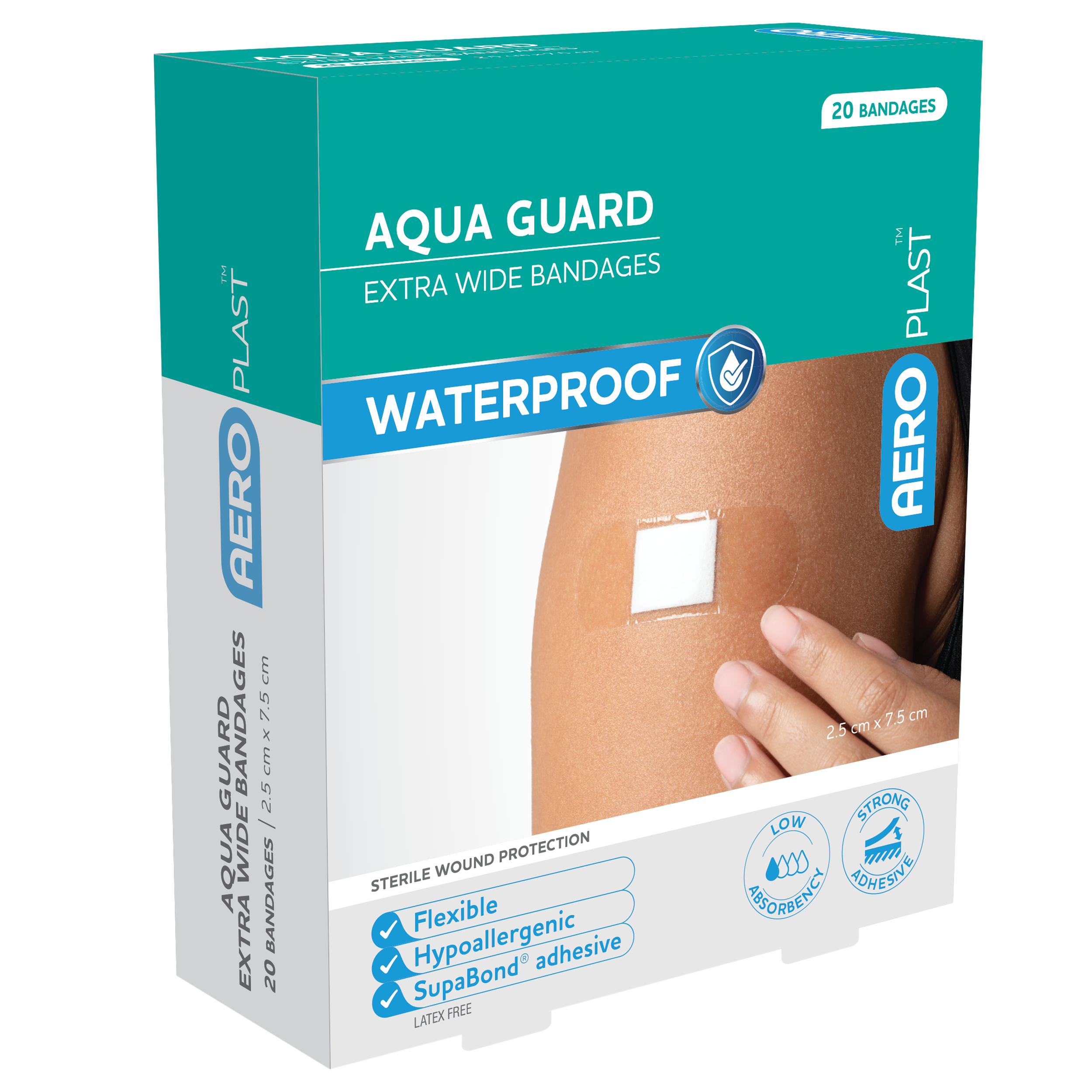 AeroPlast AquaGuard Extra-Wide Strip Waterproof 7.5 x 2.5cm pack of 20 wider waterproof wound strips