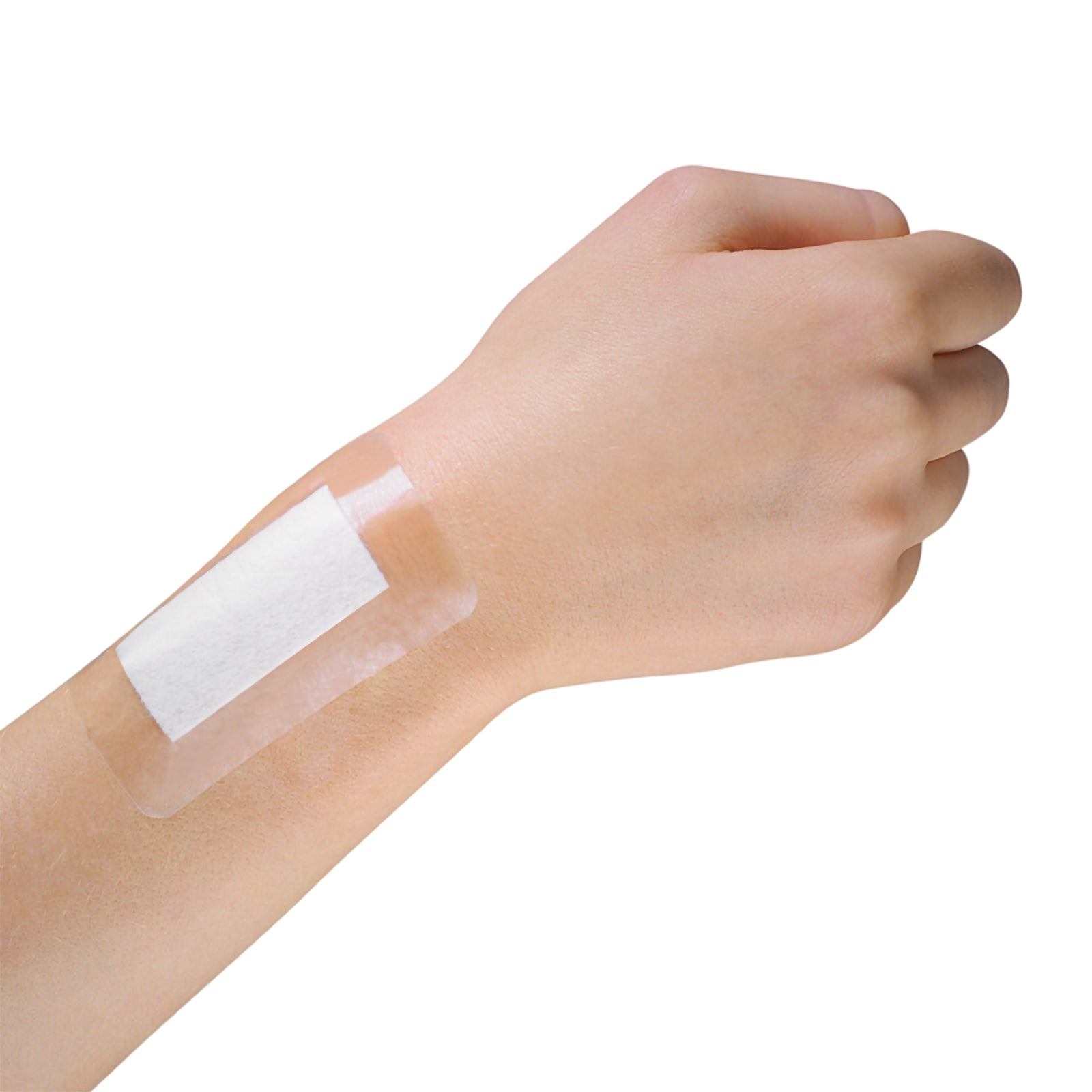 AeroPlast AquaGuard transparent waterproof patch applied across the wrist, showing the white central wound pad and wide clear adhesive film conforming closely to the surrounding skin.