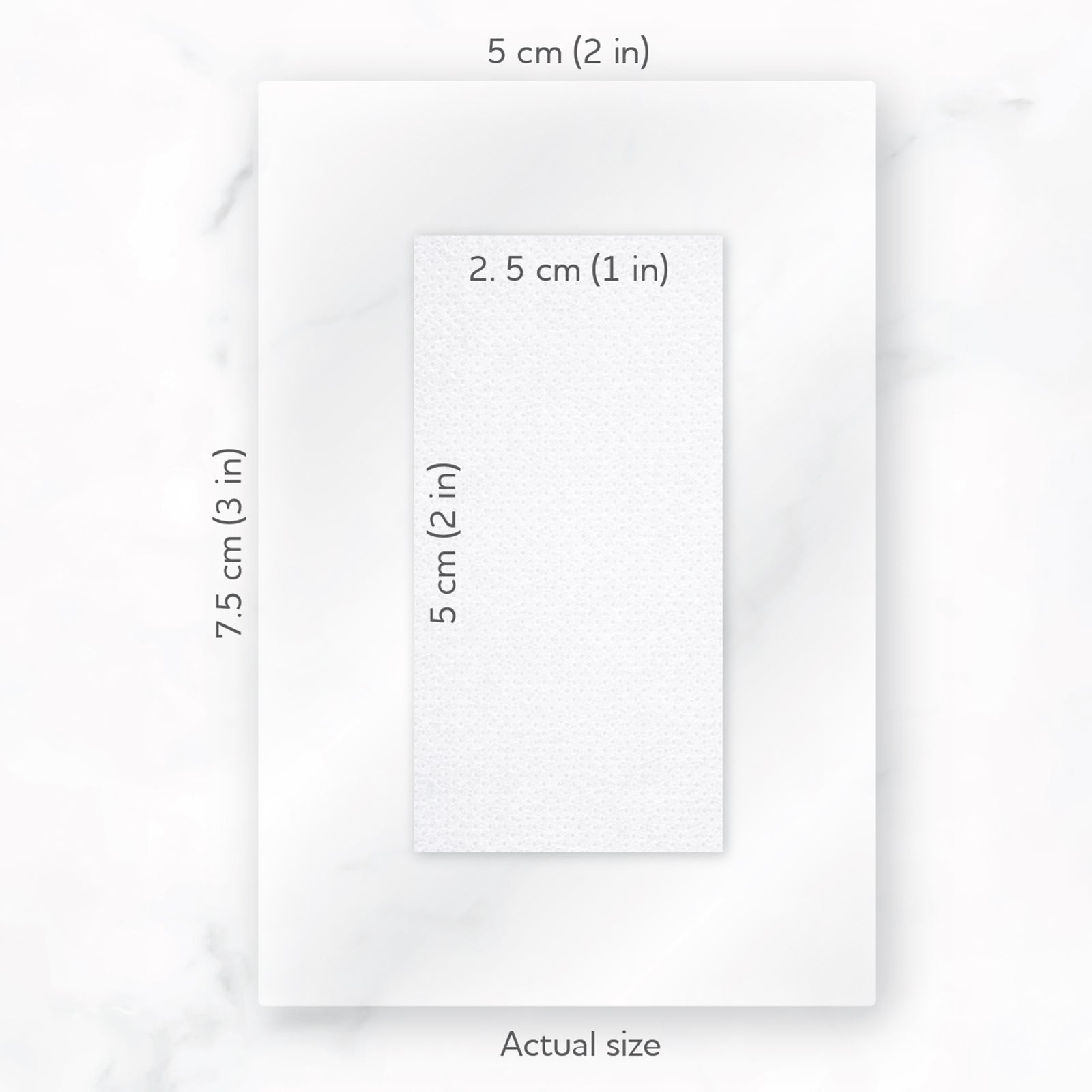 Actual size diagram of the AeroPlast AquaGuard Large Patch showing the 7.5 x 5cm overall dressing and approximately 5 x 2.5cm central wound pad for easy size assessment before purchase.