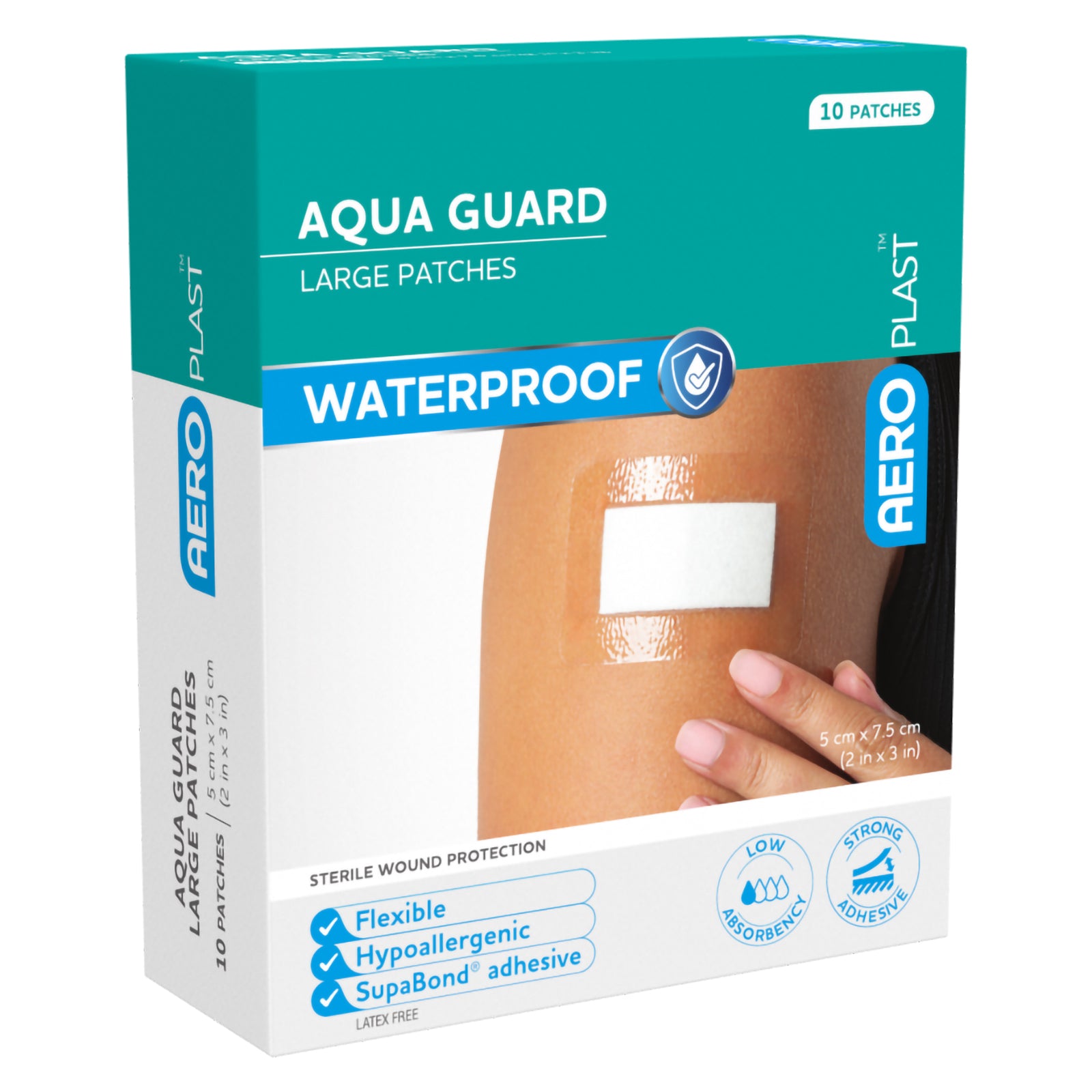 Angled front view of AeroPlast AquaGuard Large Waterproof Patches showing the 10 patch retail box, transparent waterproof film dressing, sterile wound protection and large 7.5 x 5cm format.