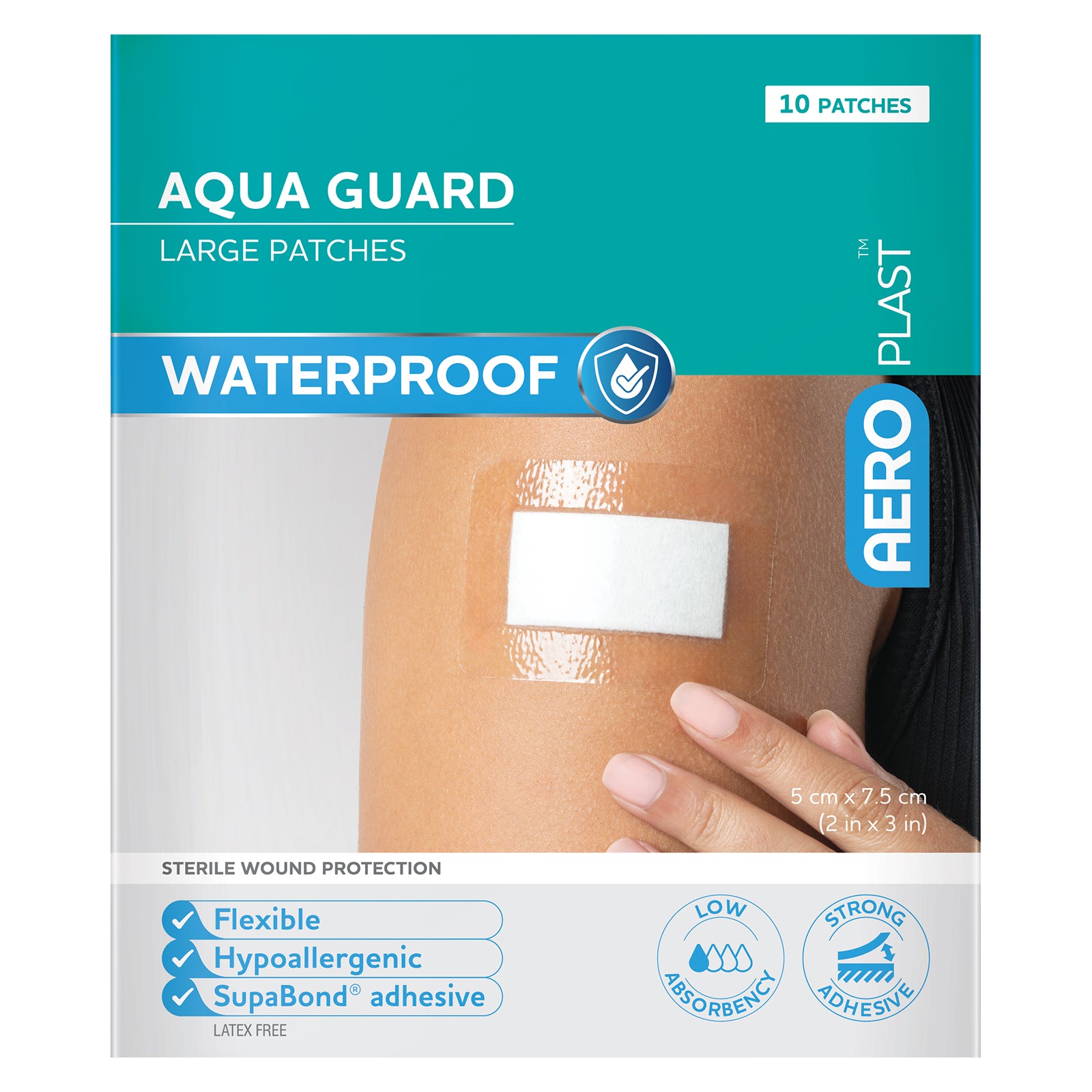 Front facing AeroPlast AquaGuard Large Patches retail pack showing waterproof sterile wound protection, 7.5 x 5cm dressing size, 10 patch quantity, flexible construction and hypoallergenic SupaBond adhesive.