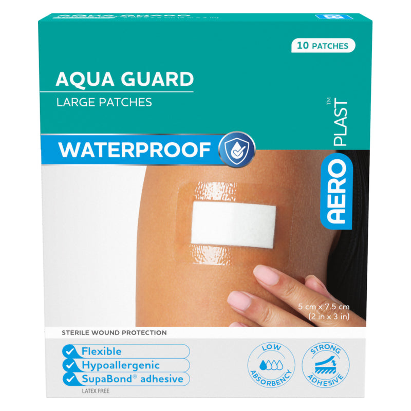 Straight front view of AeroPlast AquaGuard Large Patches packaging featuring the waterproof banner, transparent dressing over a wound pad, 10 patch quantity and key flexible, hypoallergenic and strong adhesive benefits.