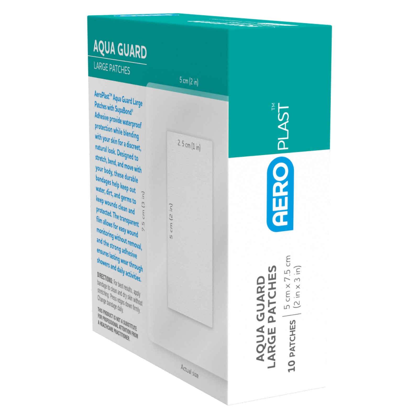 Angled AeroPlast AquaGuard Large Patches box displaying the side and rear packaging, including the illustrated dressing dimensions and product information for the waterproof wound protection range.