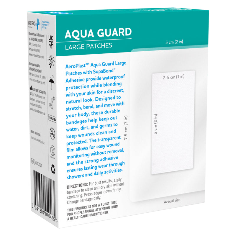 Angled rear packaging view of AeroPlast AquaGuard Large Patches showing the product description, actual dressing size guide, application directions and manufacturer information on the side panel.