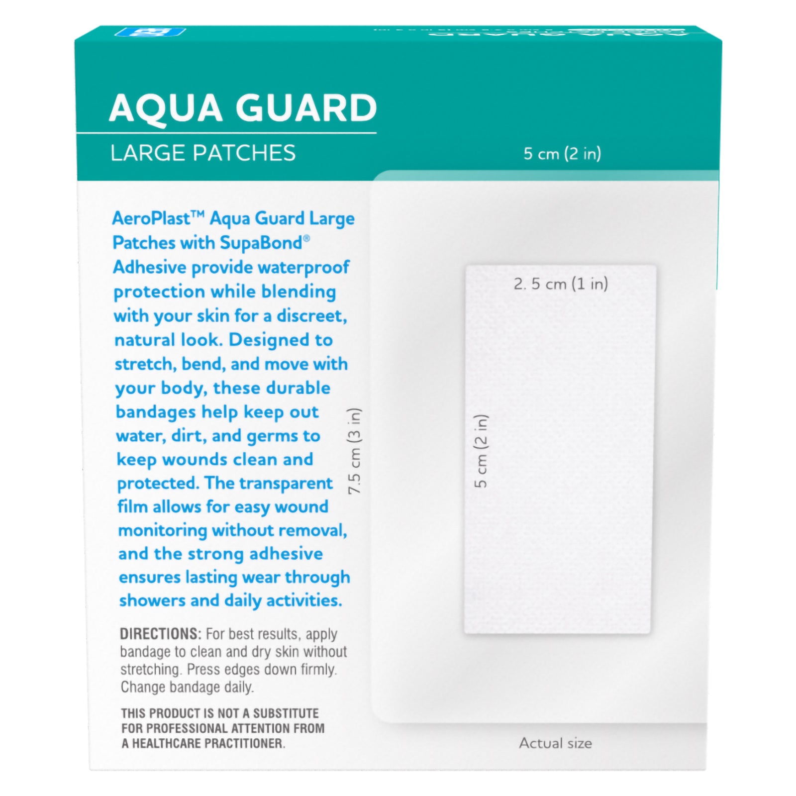 Rear view of the AeroPlast AquaGuard Large Patches packaging showing the transparent dressing and wound pad dimensions alongside product guidance for waterproof protection, flexible movement and daily dressing changes.