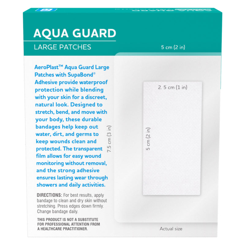 Rear view of the AeroPlast AquaGuard Large Patches packaging showing the transparent dressing and wound pad dimensions alongside product guidance for waterproof protection, flexible movement and daily dressing changes.